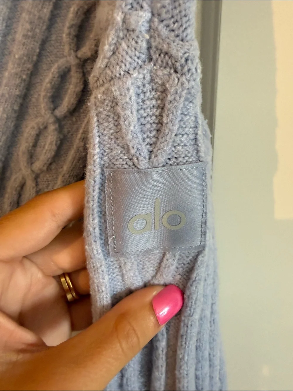 ALO Yoga Dusty Blue Cable-Knit Hooded Sweater